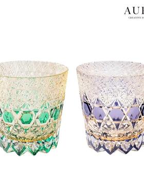 AURAS紫莹石江户切子纯手工雕刻威士忌酒杯水晶玻璃杯洋酒杯