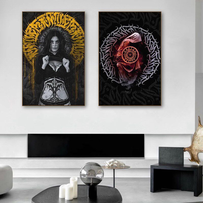 暗黑风花体纹身装饰画刺r青工作室哥特式复古挂画个性美式纹绣壁
