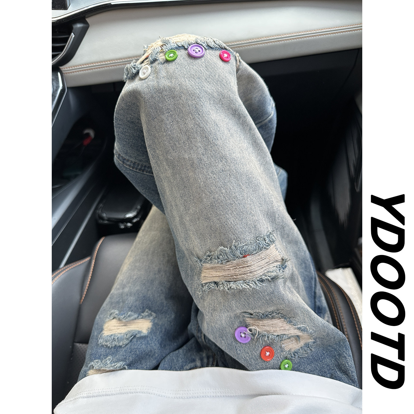 重工艺多巴胺纽扣水洗做旧复古蓝色假破洞牛仔裤男轻奢阔腿弯刀裤