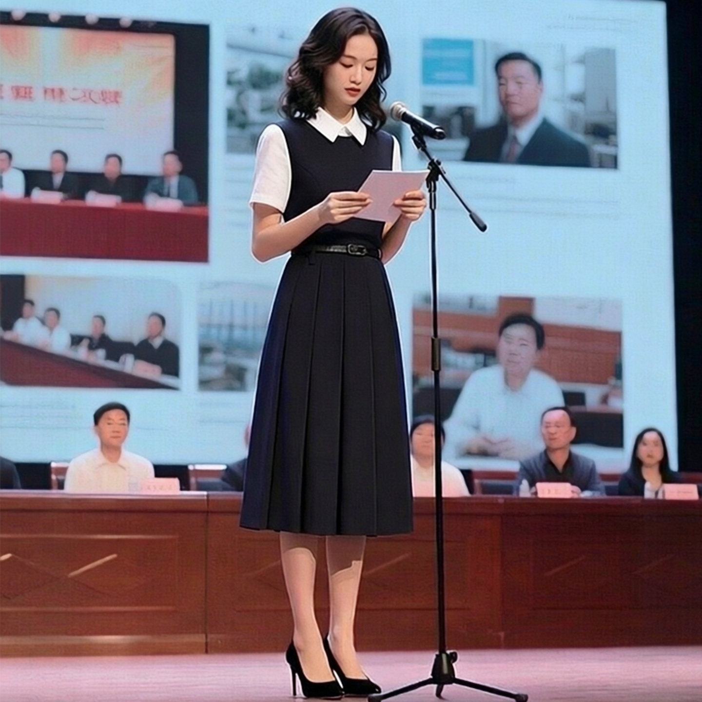 黑色高知得体洋装女2026新款夏教师演讲显瘦裙收腰假两件衬衫裙