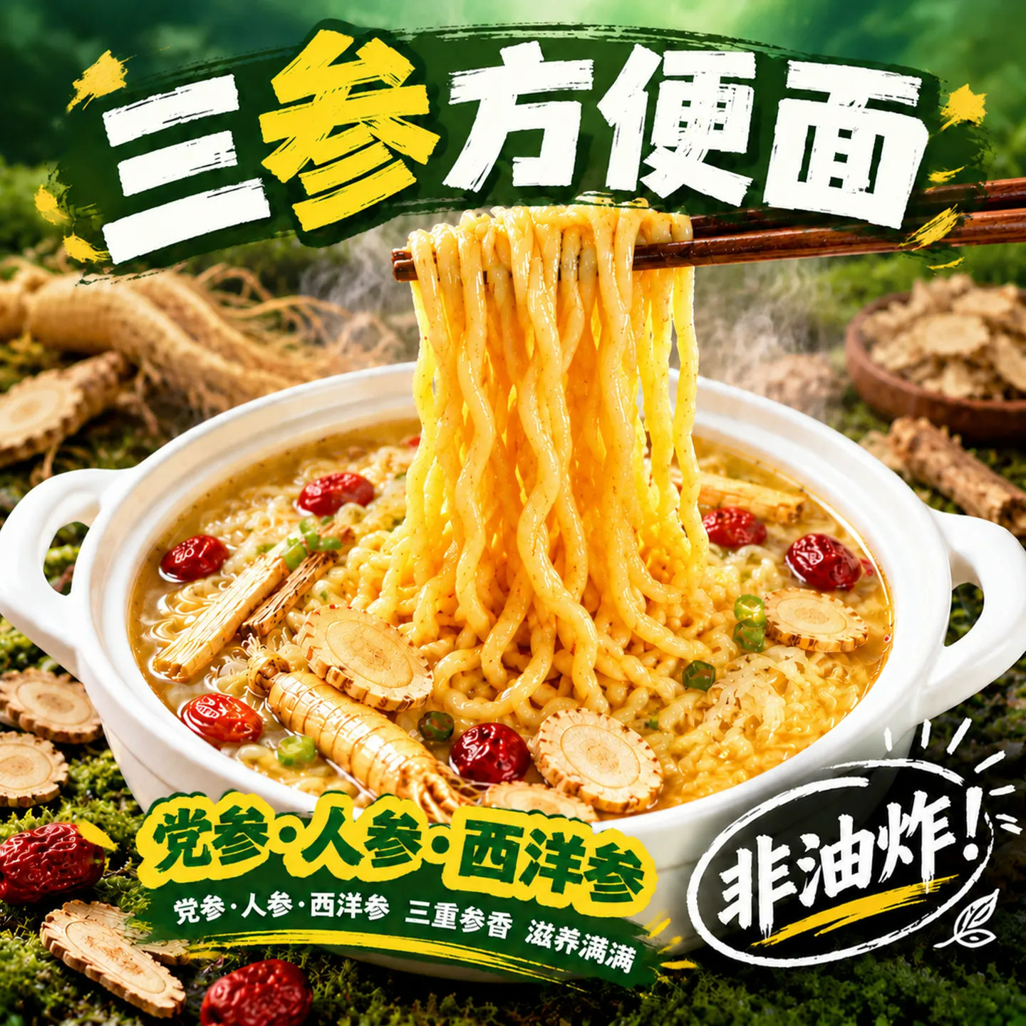 三参方便面党参西洋参人参非油炸面条劲道耐煮泡面饼整箱家用早餐