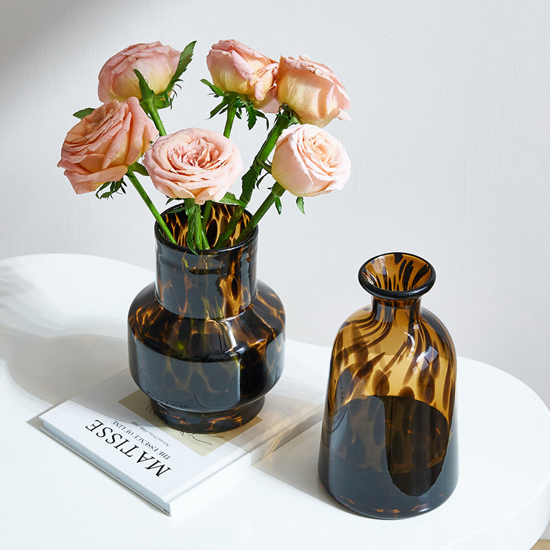 法式复古豹纹玻璃花瓶中古创意客厅水养插花器装饰摆件餐桌高级感,家居饰品,花瓶,淘宝优惠券,粉丝福利购,淘宝优惠卷