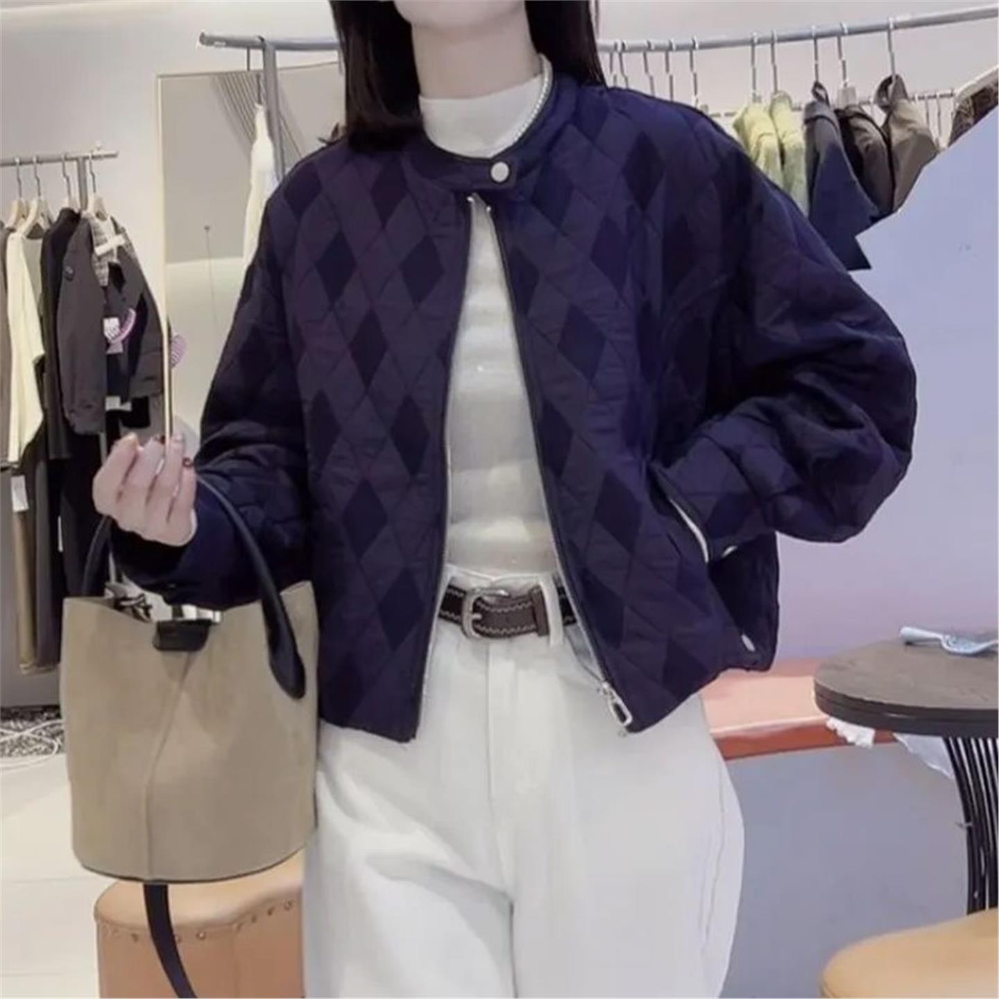 好品时尚高级感菱形格休闲棉夹轻薄外套女秋冬新款百搭宽松棒球服