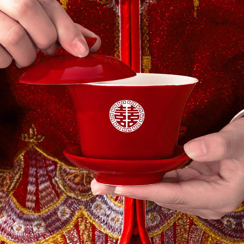 结婚改口敬茶杯套装一对喜碗杯子婚礼红色茶具敬茶托盘喜杯婚庆