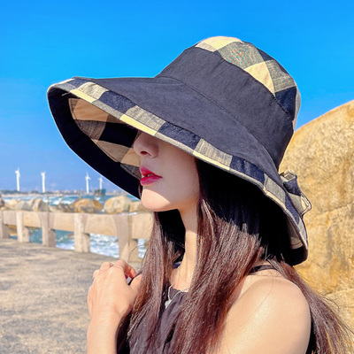 可折叠大格子时尚大檐薄款渔夫帽