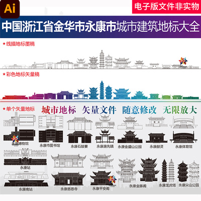 永康剪影永康线描矢量手绘中国浙江省金华市永康市城市建筑地标图