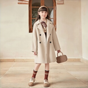 女童毛呢外套春秋2026新款韩版宽松双排扣中大童呢子大衣加厚夹棉