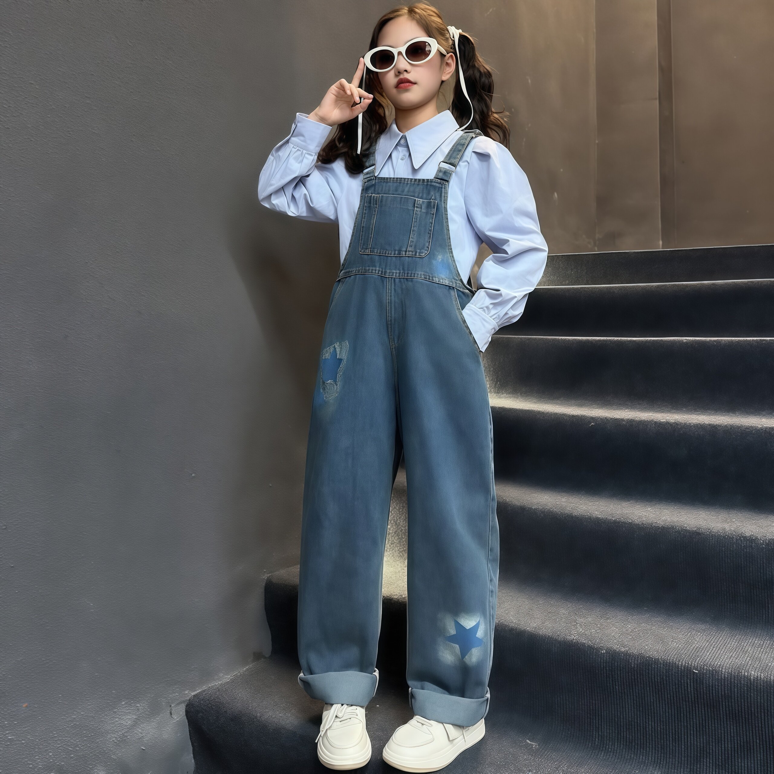 女童牛仔背带裤套装秋季