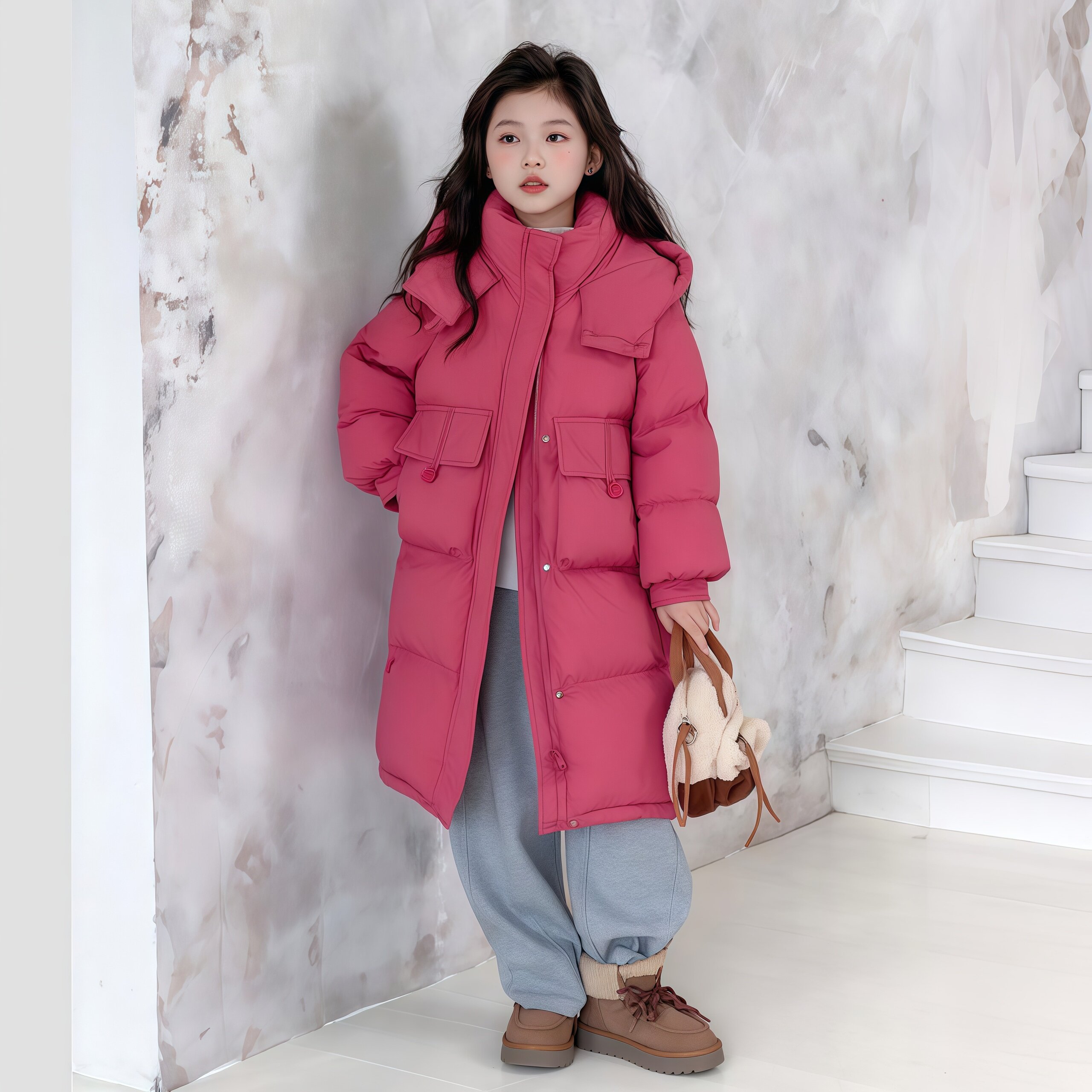 女童过膝羽绒服冬装2026新款中大童洋气显瘦白鸭绒连帽外套保暖