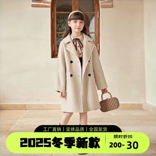 女童毛呢外套秋冬2025新款韩版宽松双排扣中大童呢子大衣加厚夹棉
