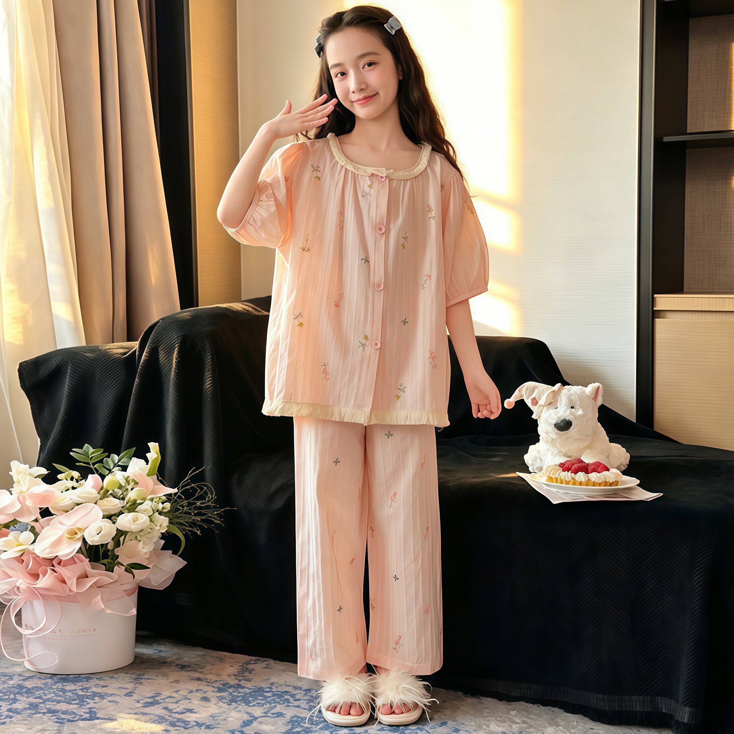 女童睡衣夏季纯棉薄款2026新款公主风开衫短袖长裤女孩家居服套装