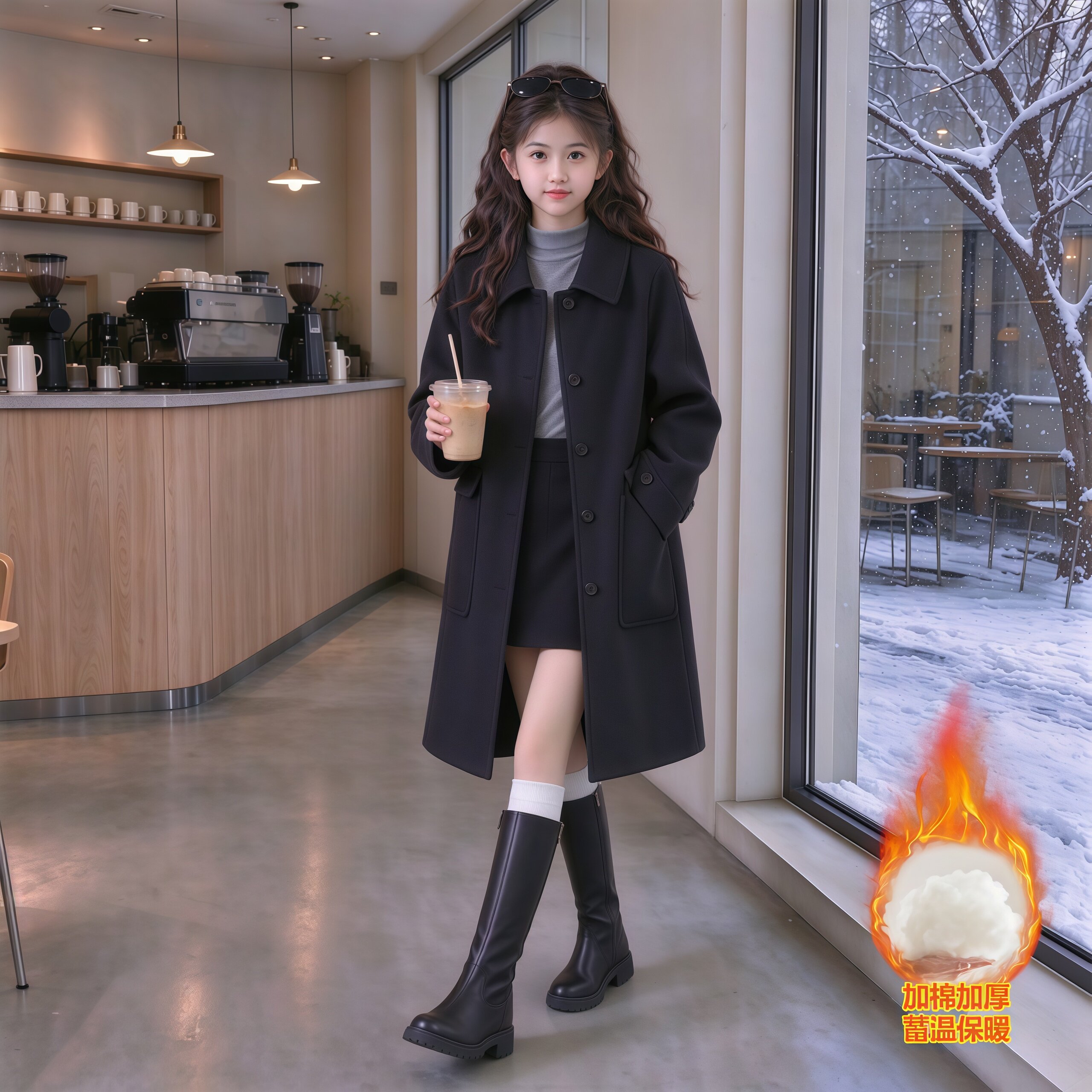 女童毛呢外套秋冬2026新款中大童加棉加厚呢子大衣过膝黑色外套潮
