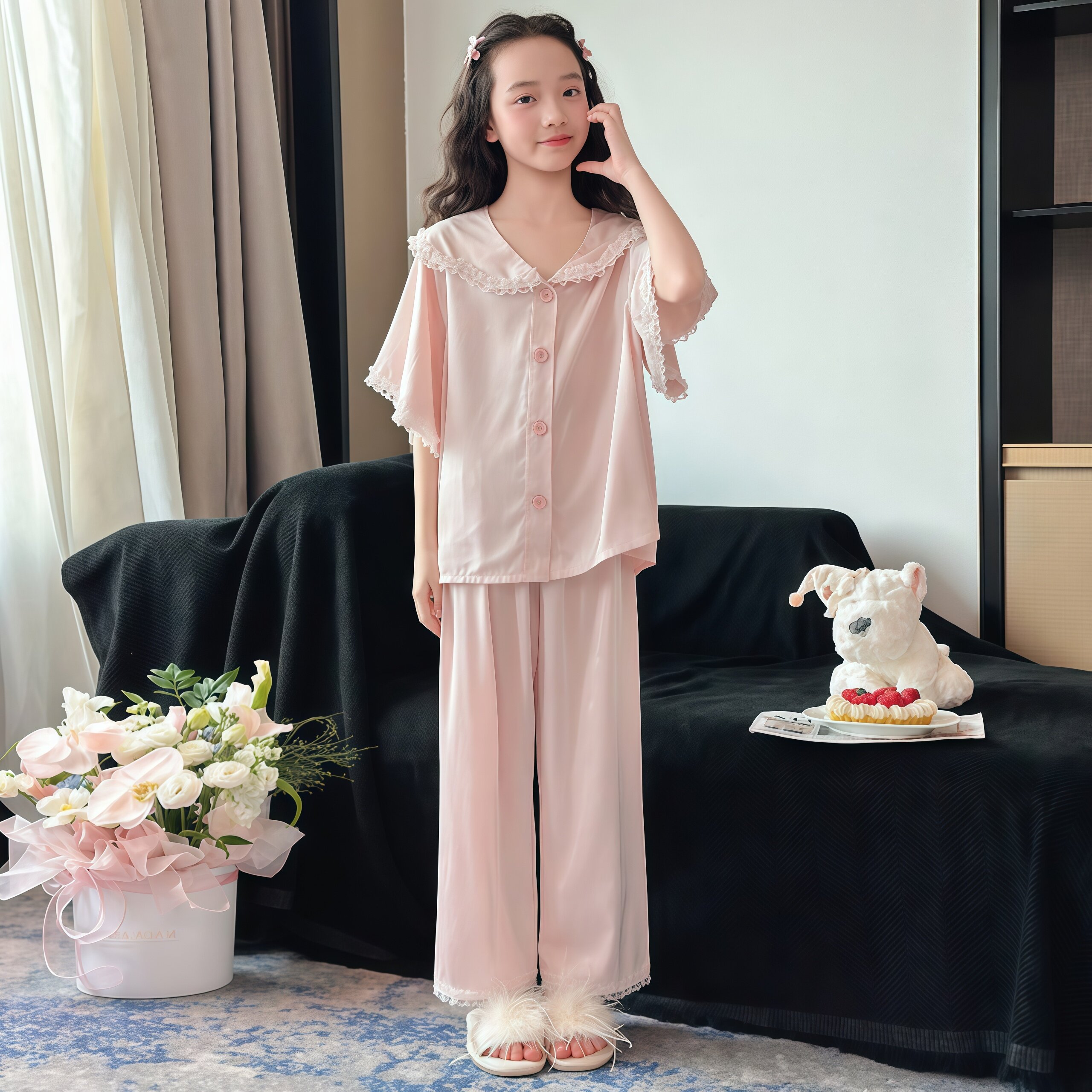 儿童睡衣女童夏季2026新款中大童空调服三件套小女孩公主风家居服