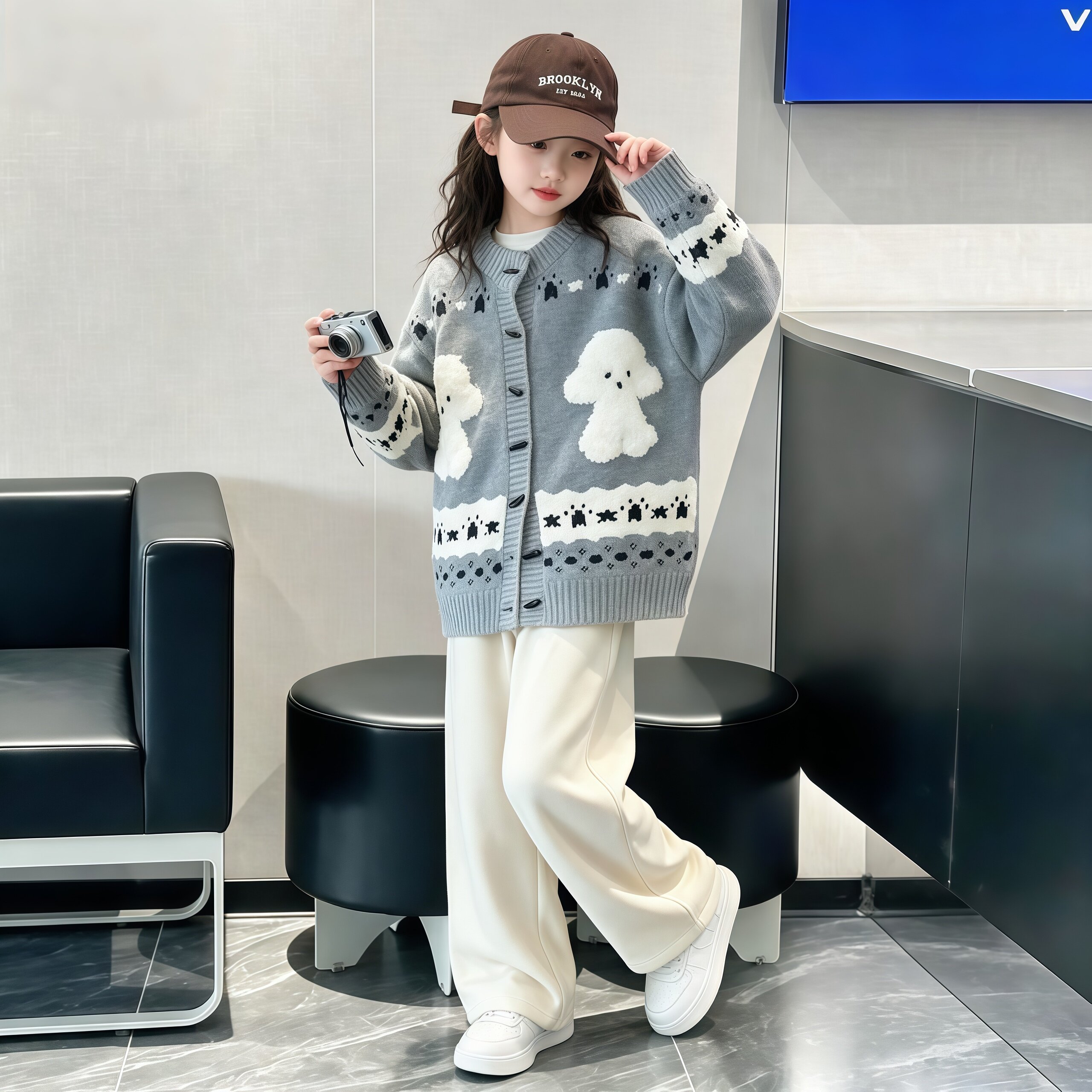 女童韩系宽松中长款针织开衫