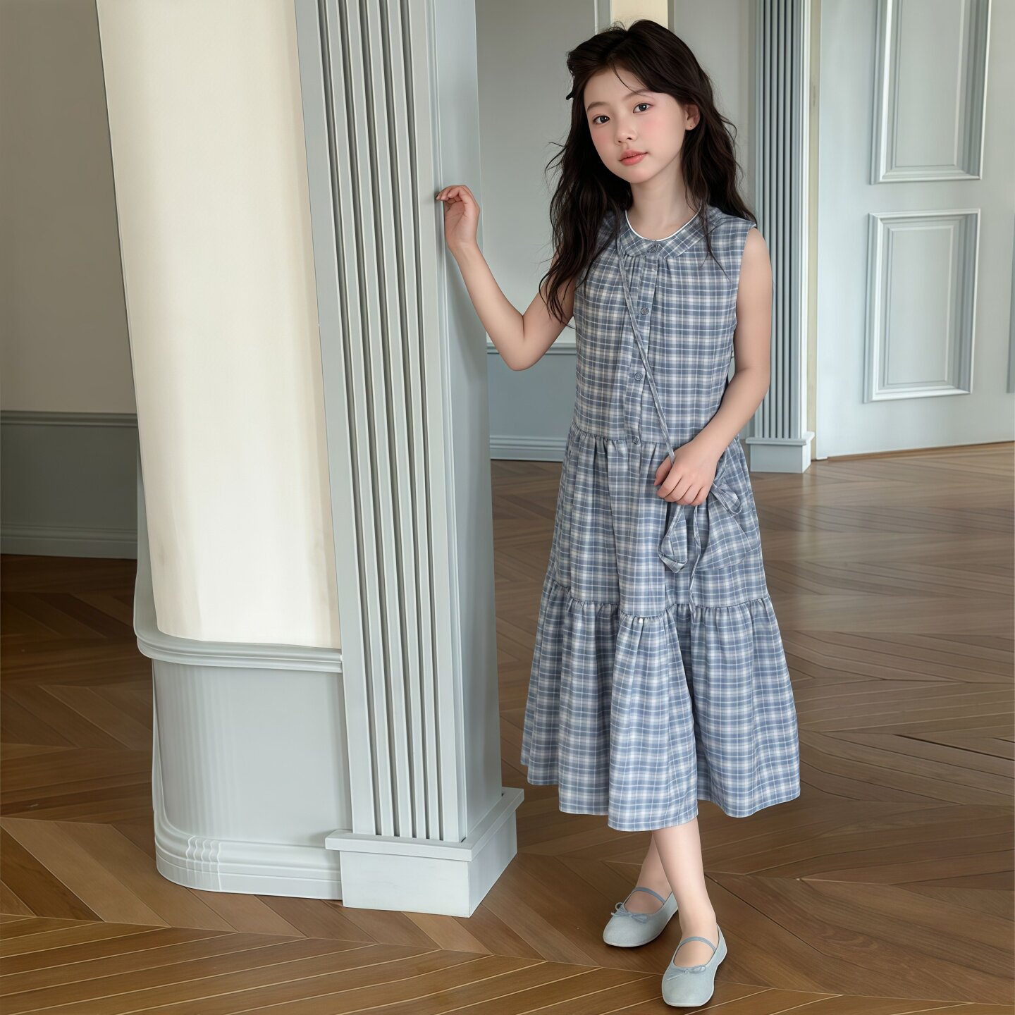 韩系女童夏季背心连衣裙2026新款中大童洋气格子无袖中长款裙子薄