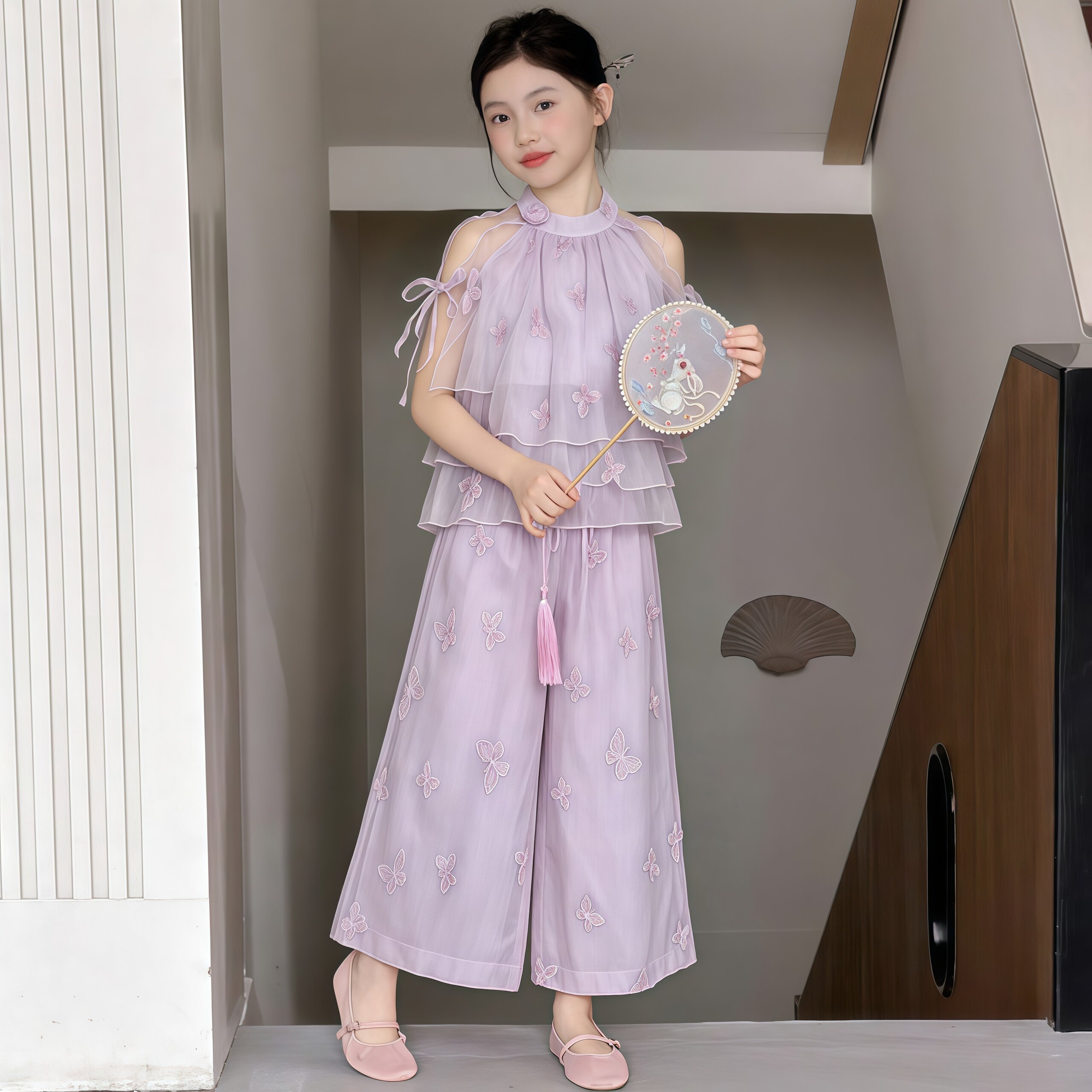女童夏装套装2026新款中大童新中式露肩蝴蝶刺绣洋气阔腿裤两件套