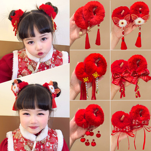 儿童新年红色毛绒发圈2026新款过年拜年发绳头饰国风汉服发饰女童
