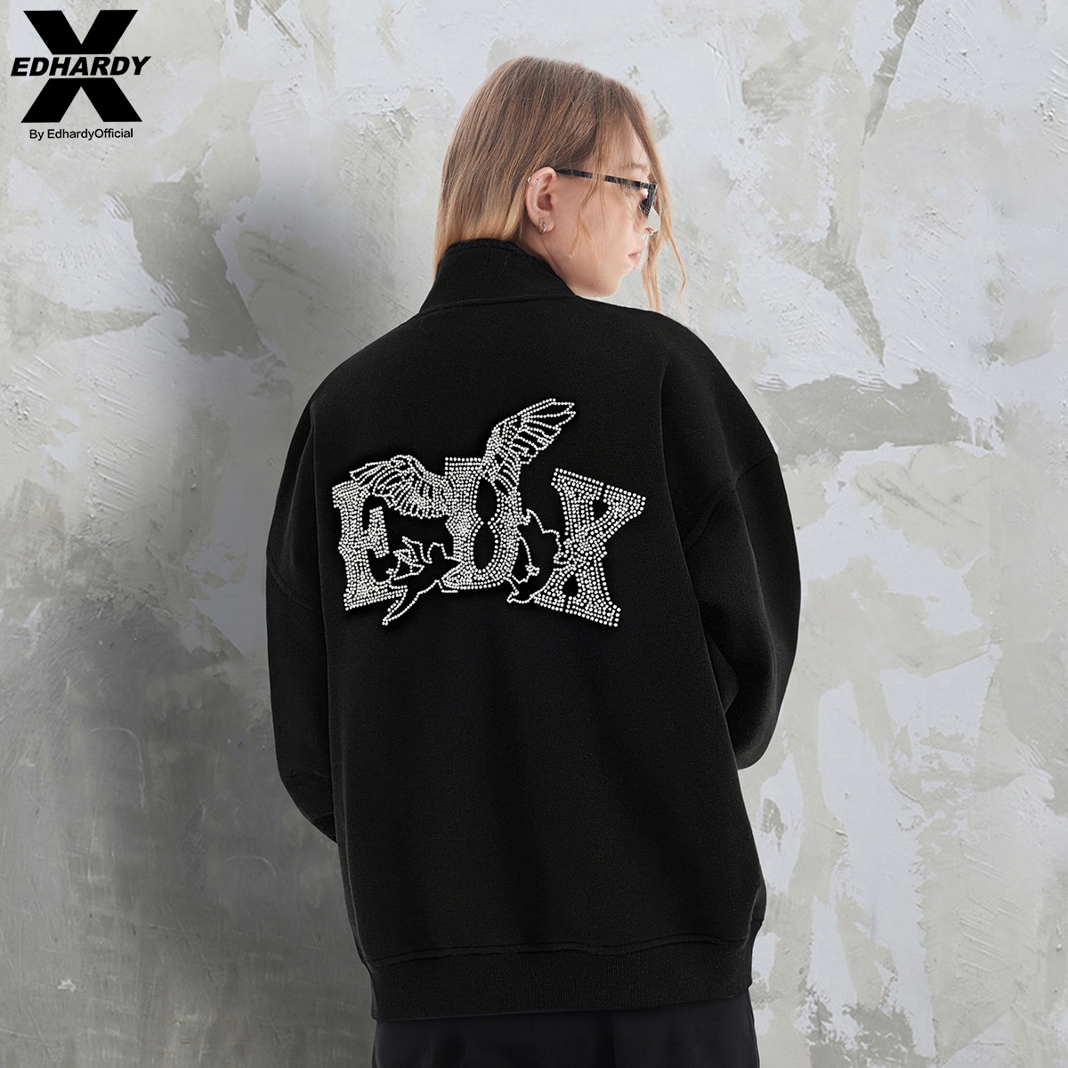 EDHARDY X2025秋冬套头男女同款潮流时尚百搭天使烫钻半开襟卫衣
