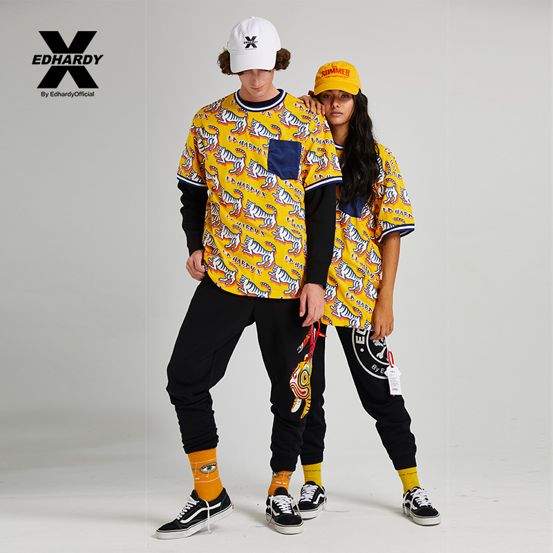 清仓EdHardyX夏季潮牌时尚宽松男女同款圆领短袖T恤S12DDM102701