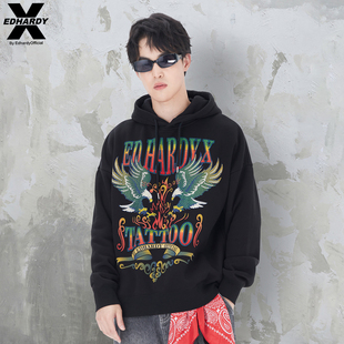 EdHardyX春秋烫钻刺青风印花休闲情侣连帽国潮套头男女款 卫衣套衫