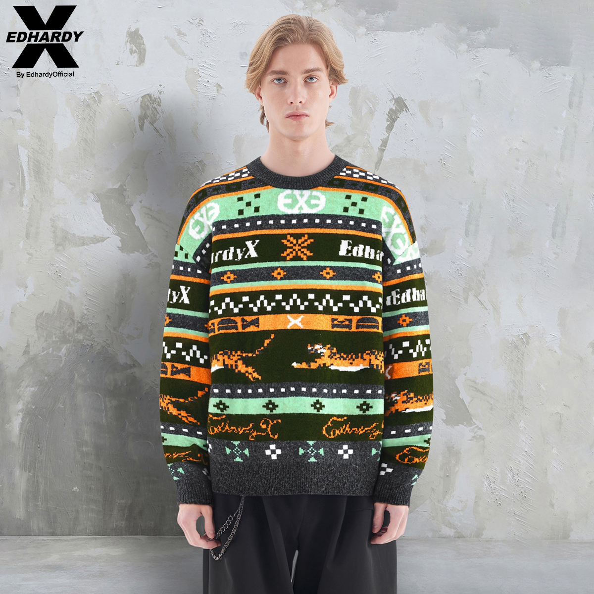 EDHARDY X2025秋冬新款时尚百搭潮流宽松费尔岛圆领毛衫针织上衣
