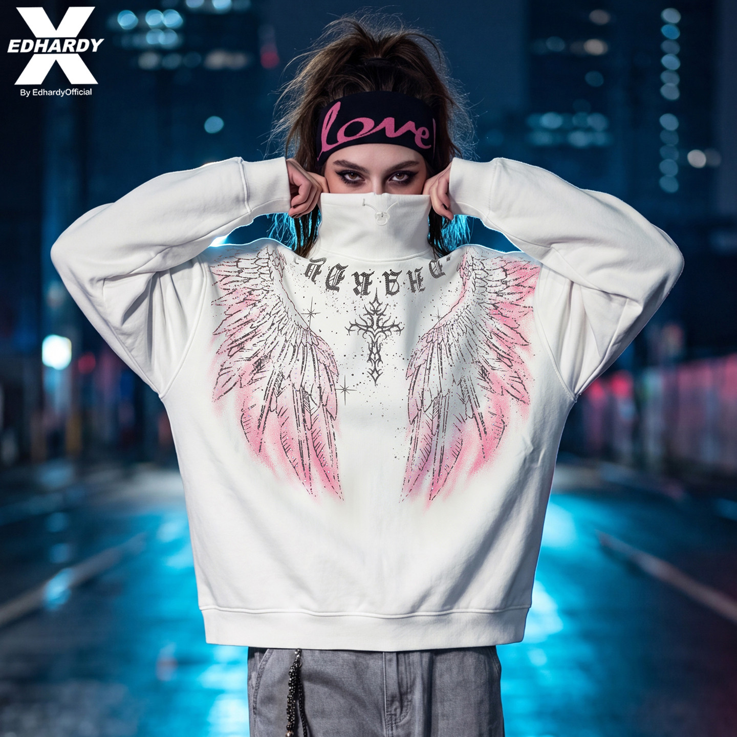 EDHARDYX守护之翼立领卫衣男女同款宽松美式休闲潮牌上衣印花情侣