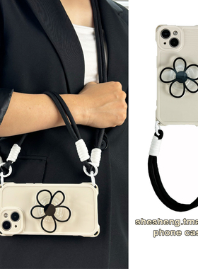 日韩ins风黑色花朵支架适用小米15/14/13手机壳pro斜挎挂绳红米note14/13/12/11手腕带K70背带K60四角挂孔K50