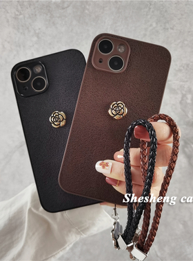 月坑纹小香风山茶花手绳适用oppo RENO15/14/13/12/11/10/9/8/7/6/5手机壳pro皮质A6奢华A5女findx9全包x8软+