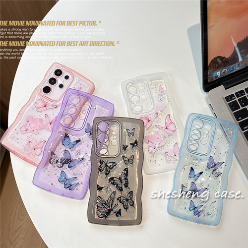 彩色蝴蝶星星闪粉波浪边框手机壳