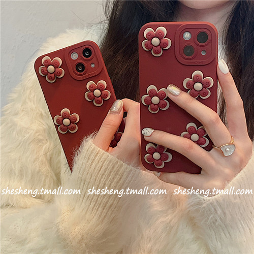 ins立体酒红色花朵适用iPhone11/12pro苹果13手机壳x/xs max硅胶xr软7P创意8plus新年款女se个性全包防摔超火