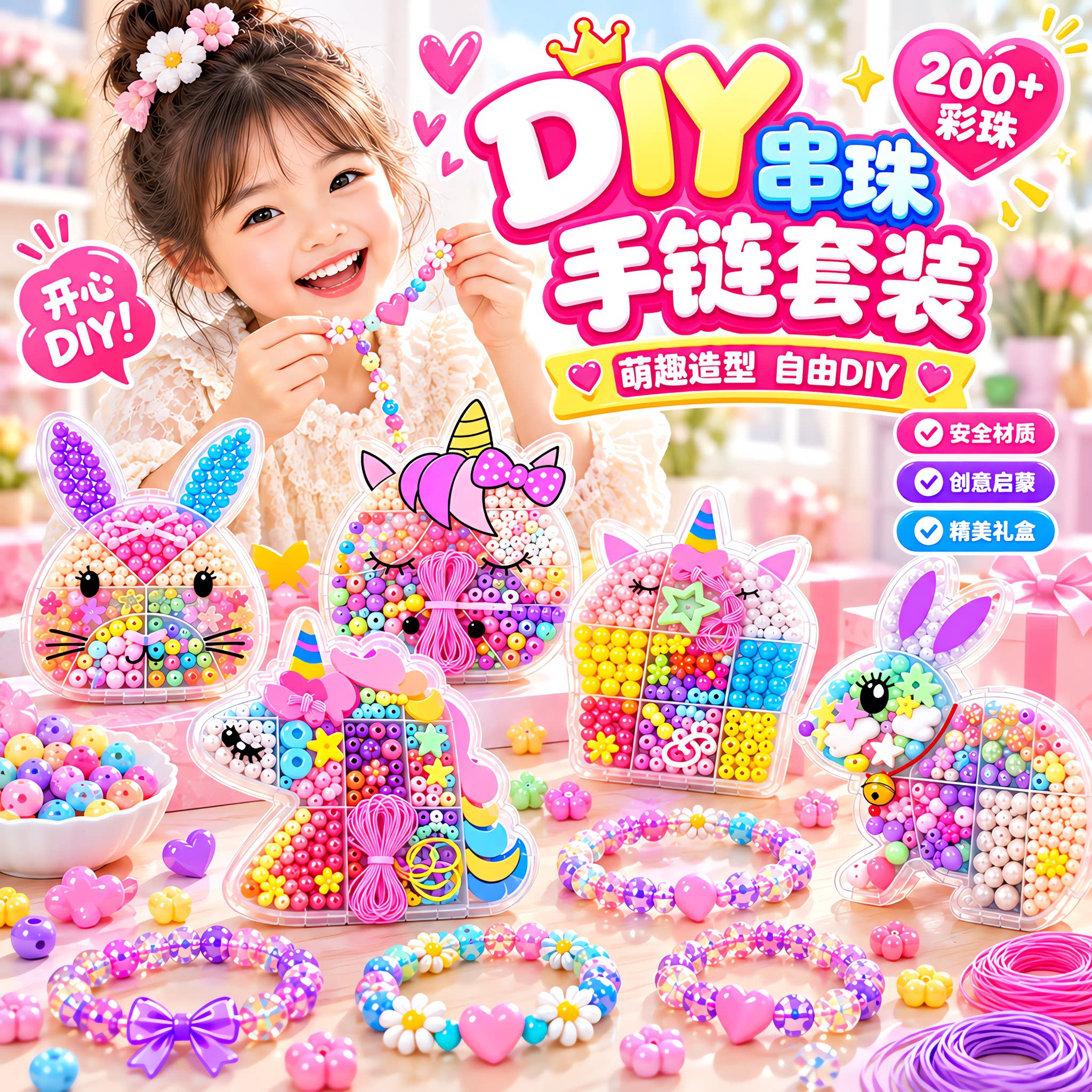 儿童串珠手工diy材料女孩手链绕珠益智对对碰大颗粒配件穿线网红9