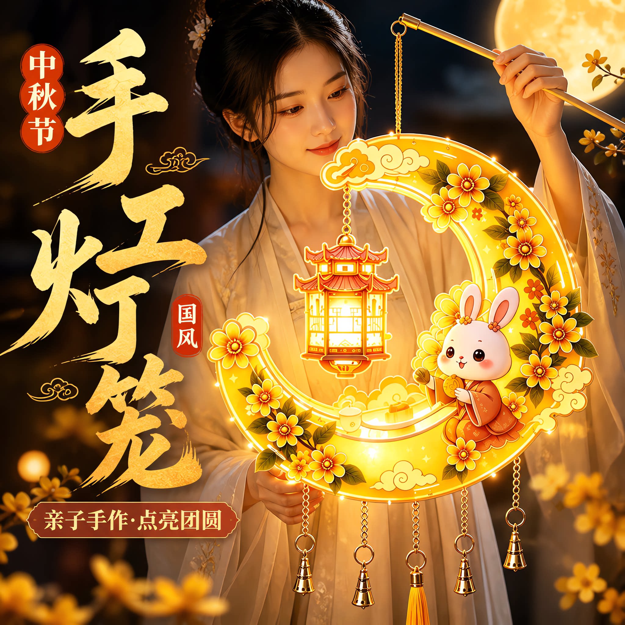 中秋节手工灯笼儿童月牙花灯手工图片