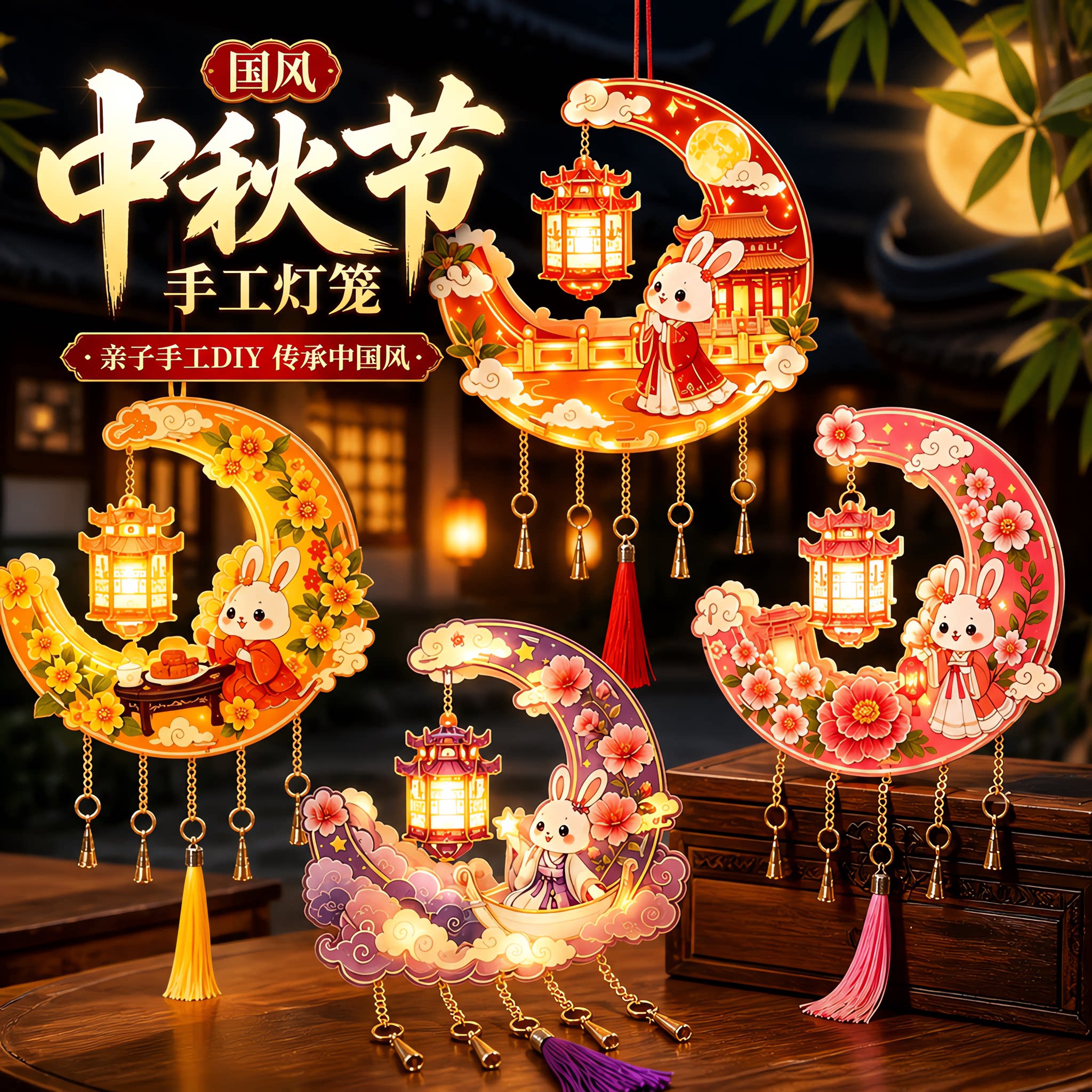 中秋节手工灯笼儿童月牙花灯手工DIY材料2026新款幼儿园手提发光