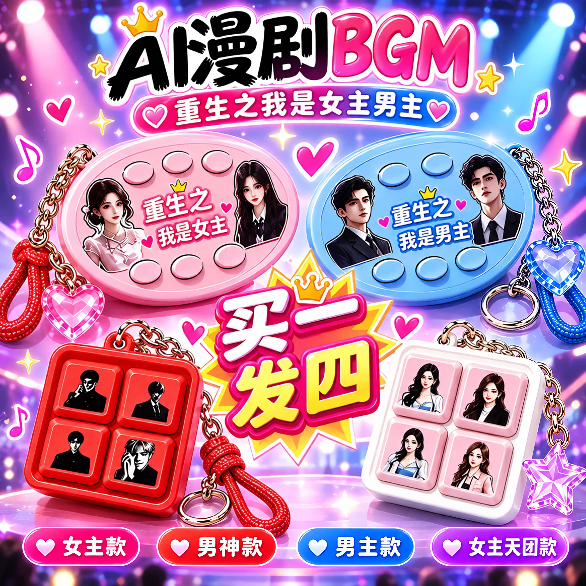 重生之我是男主女主短剧BGM语音乐钥匙扣声控挂件四六按键小玩具
