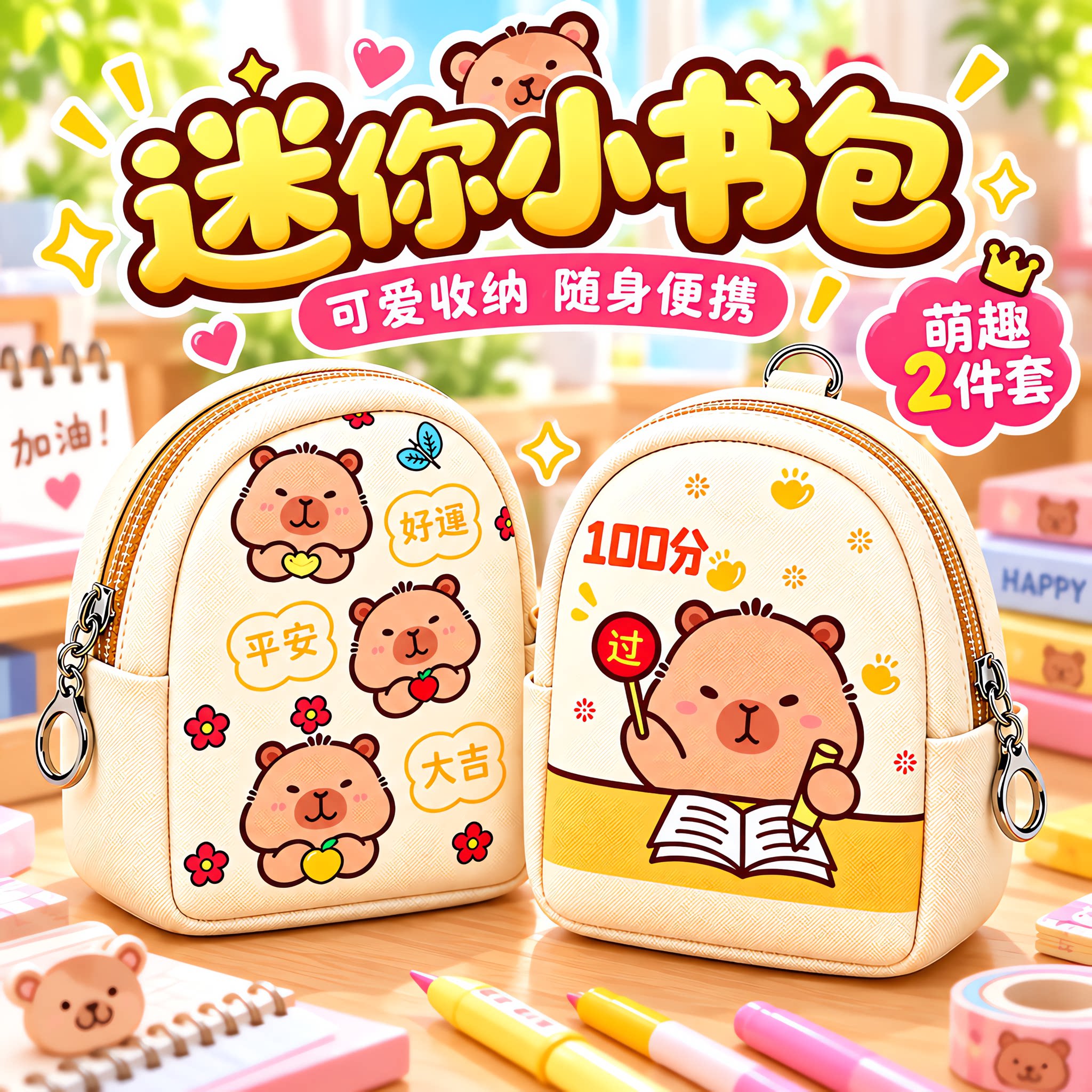 儿童迷你斜挎包小书包全套小女孩子玩具卡皮巴拉微缩场景仿真物品