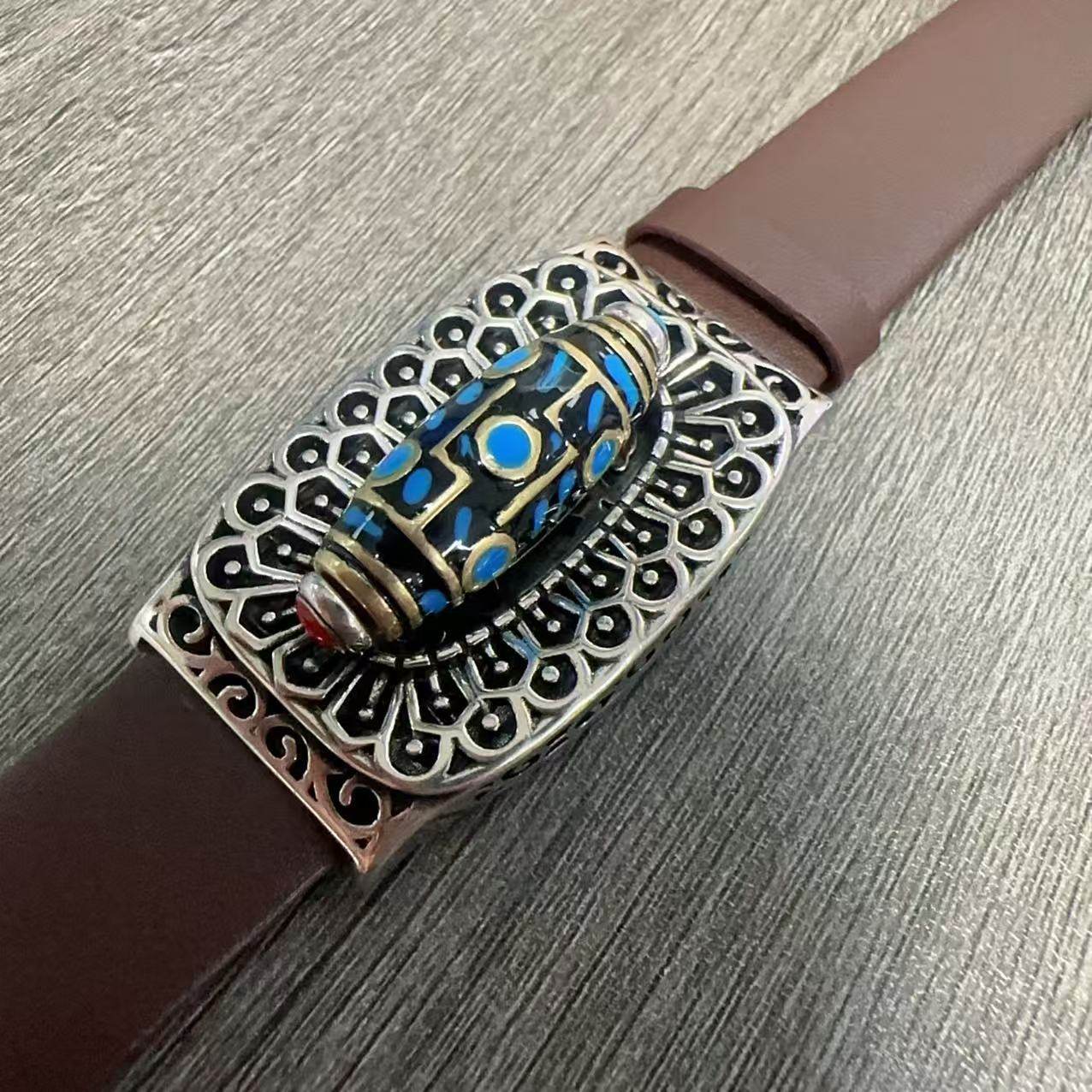 国风潮铜镀银手工饰品复古旋转九眼天珠转动皮带手链时尚简约六字