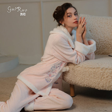 夫妻调情侣趣味主播穿秋冬丝绒居家睡衣甜美绣花性感立领上衣外袍