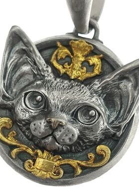 国风潮铜镀银手工饰品泰银色德文卷毛猫挂坠项链复古浮雕王冠镶嵌