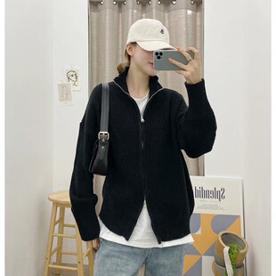 山羊绒针织开衫女秋冬新款加厚纯色拉链长袖高领毛衣大码外套
