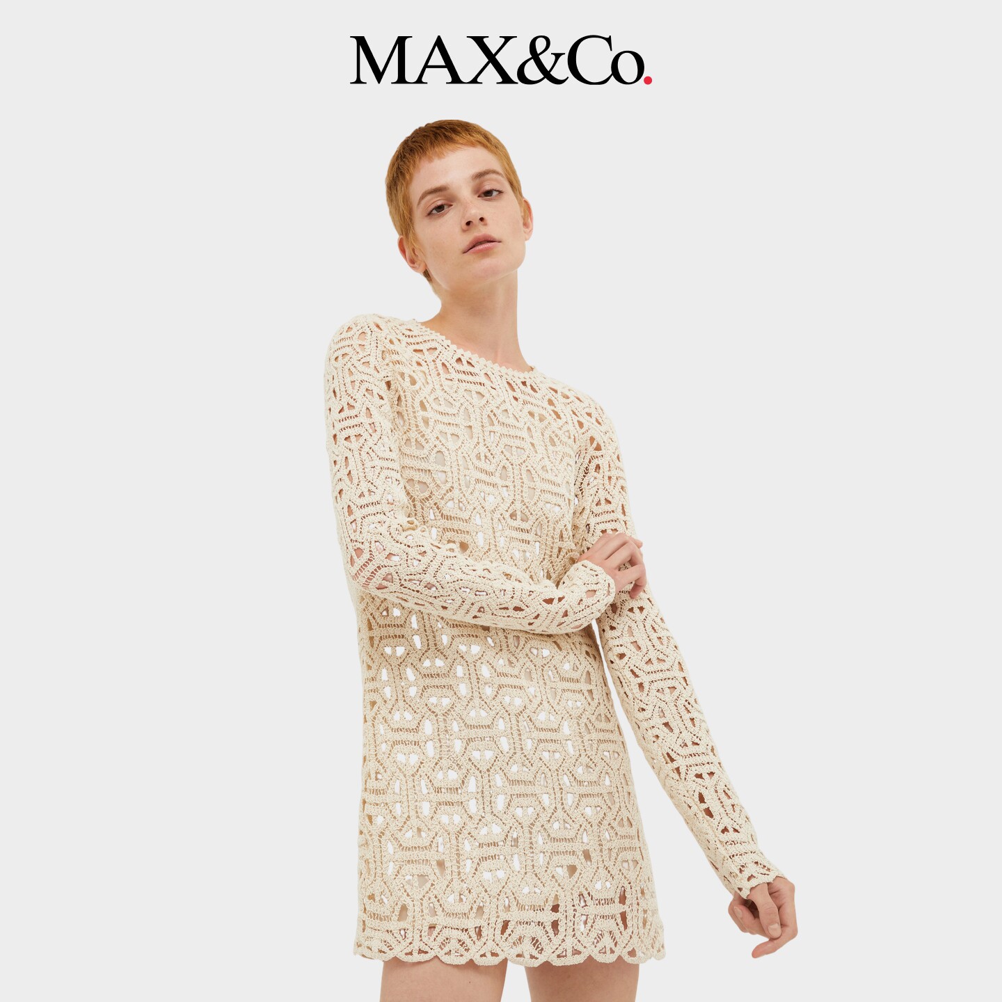 MAX&Co.女装气质镂空绳结编织平纹针织长袖迷你裙6621014302