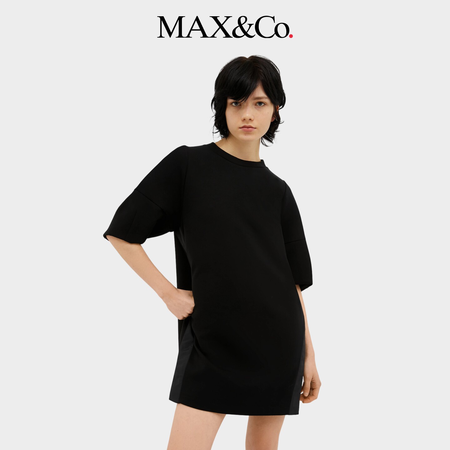 MAX&Co.女装平纹针织圆领纯色中袖直筒百搭连衣裙女6626014202