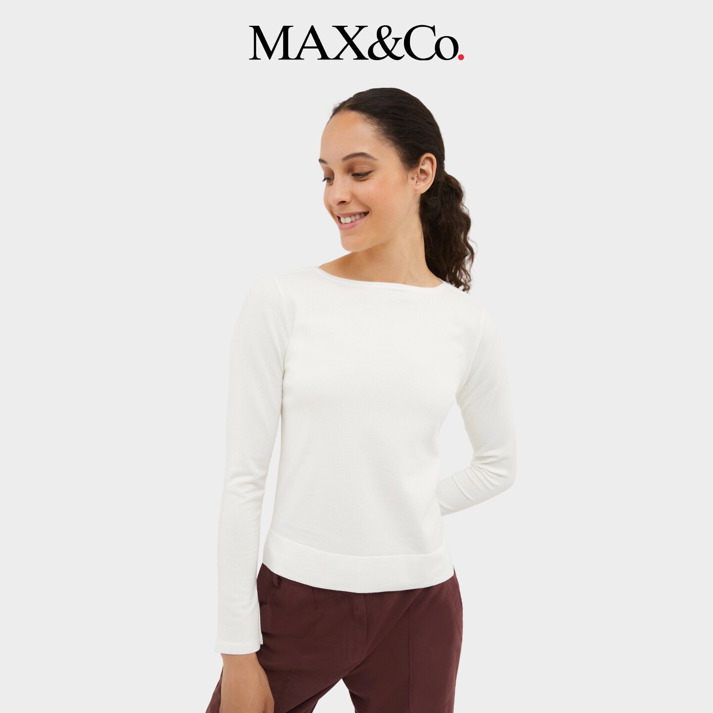 MAX&Co.女装宽松白色船领毛衣打底上衣6361064202maxco