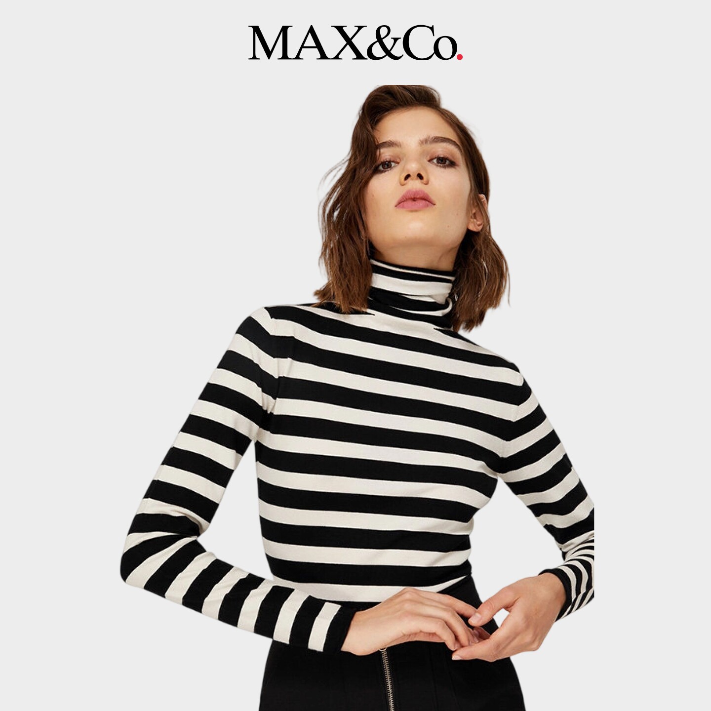 MAX&Co.女装修身黑色条纹弹力高领毛衣针织衫4364991003003maxco