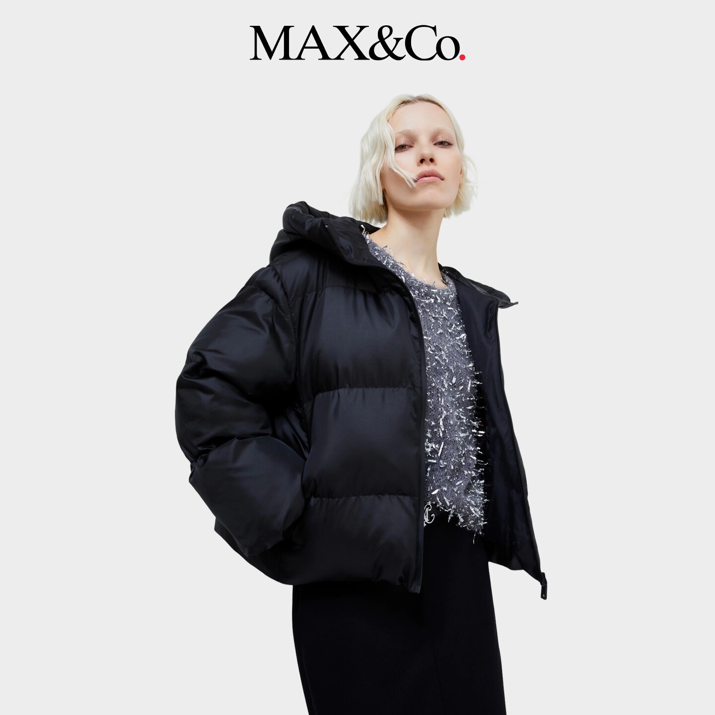 MAX&Co.女装黑色直筒连帽夹棉飞行员夹克6486024402