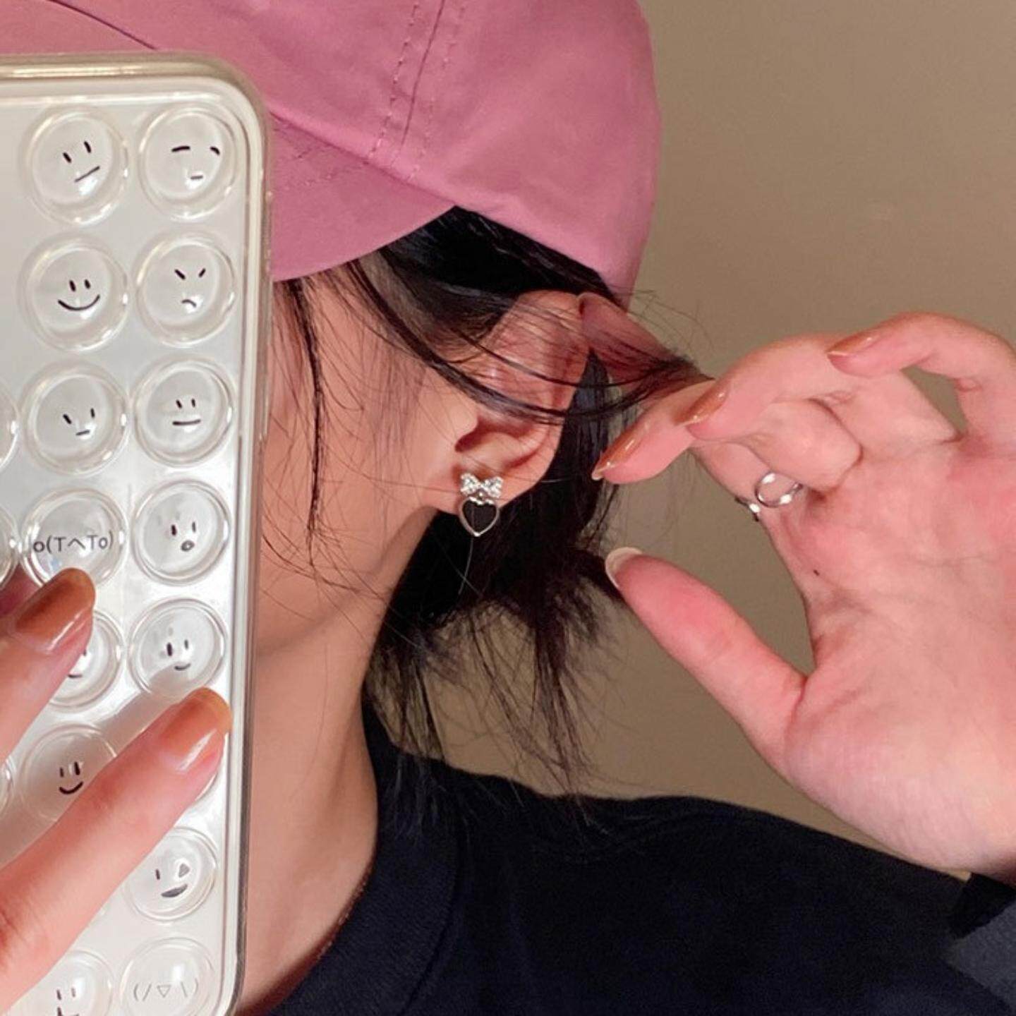 黑桃耳环女甜酷黑色爱心耳钉小众