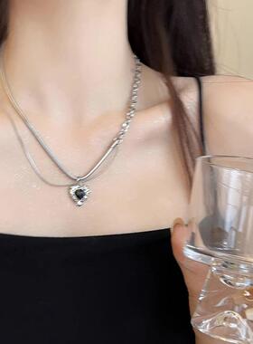 甜酷女王！黑色锆石爱心双层钛钢