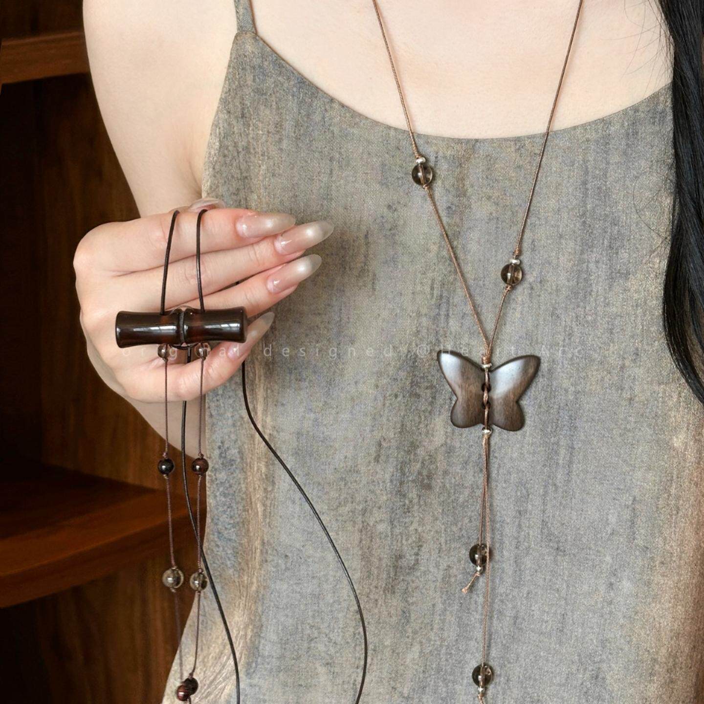 复古新中式木质长款项链女民族风小众挂脖毛衣链日常百搭国风配饰
