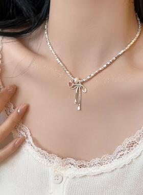 碎银子金属蝴蝶结爱心珍珠项链女