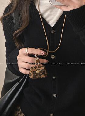 复古咖色豹纹小包项链女秋冬感