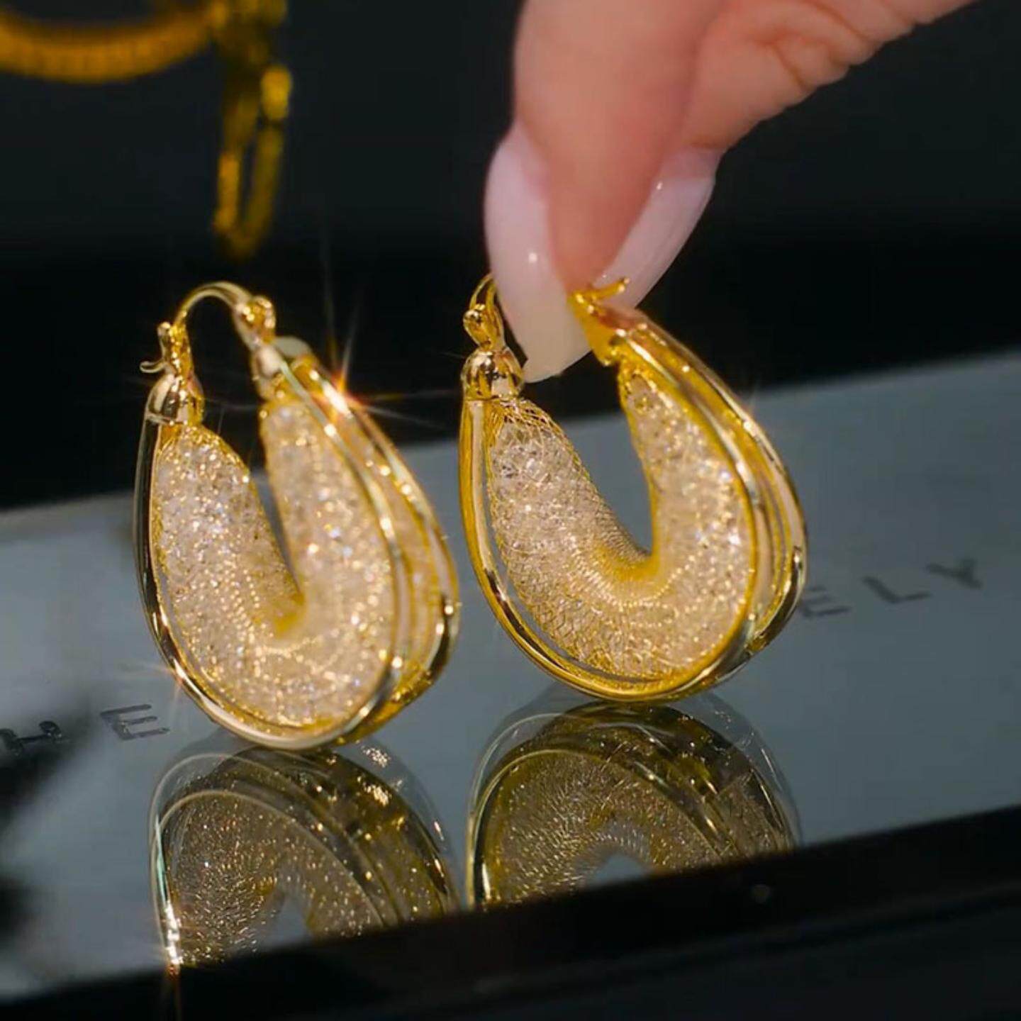 轻奢高级感复古金色镂空网状耳圈法式耳扣个性时髦精致重工耳环女